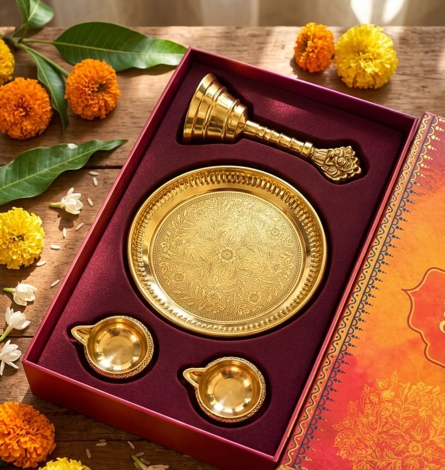 Puja Thali, bell and two diyas