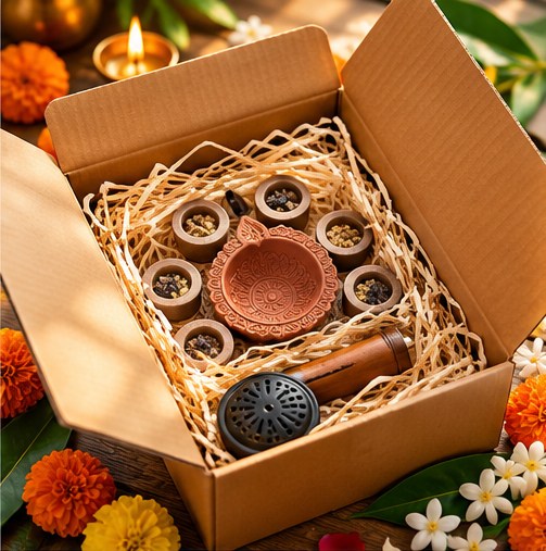 Rustic Box with clay diya and dhoop accessories